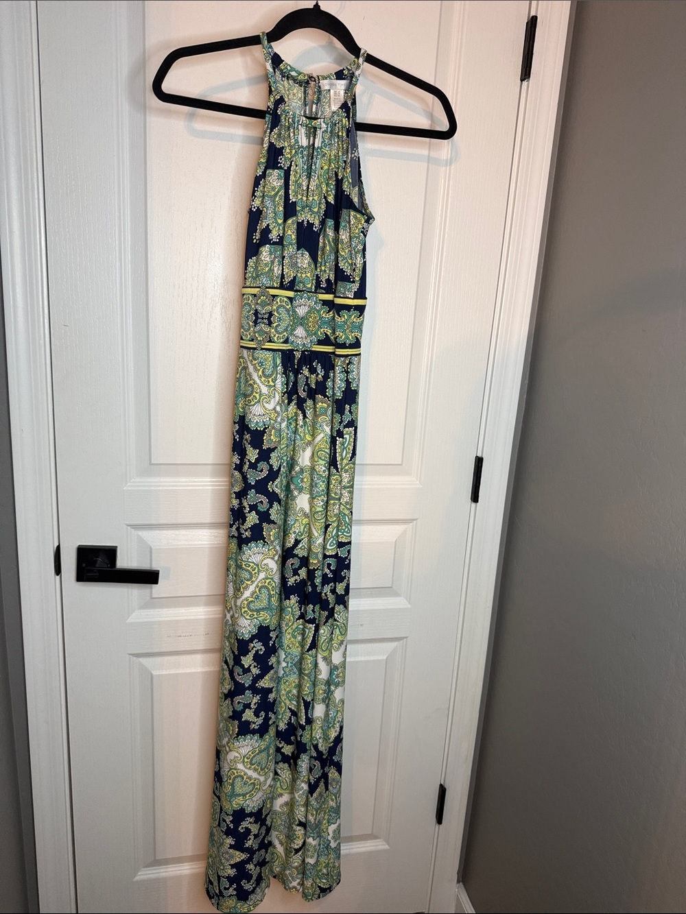London Times Navy & Green Paisley Halter Maxi